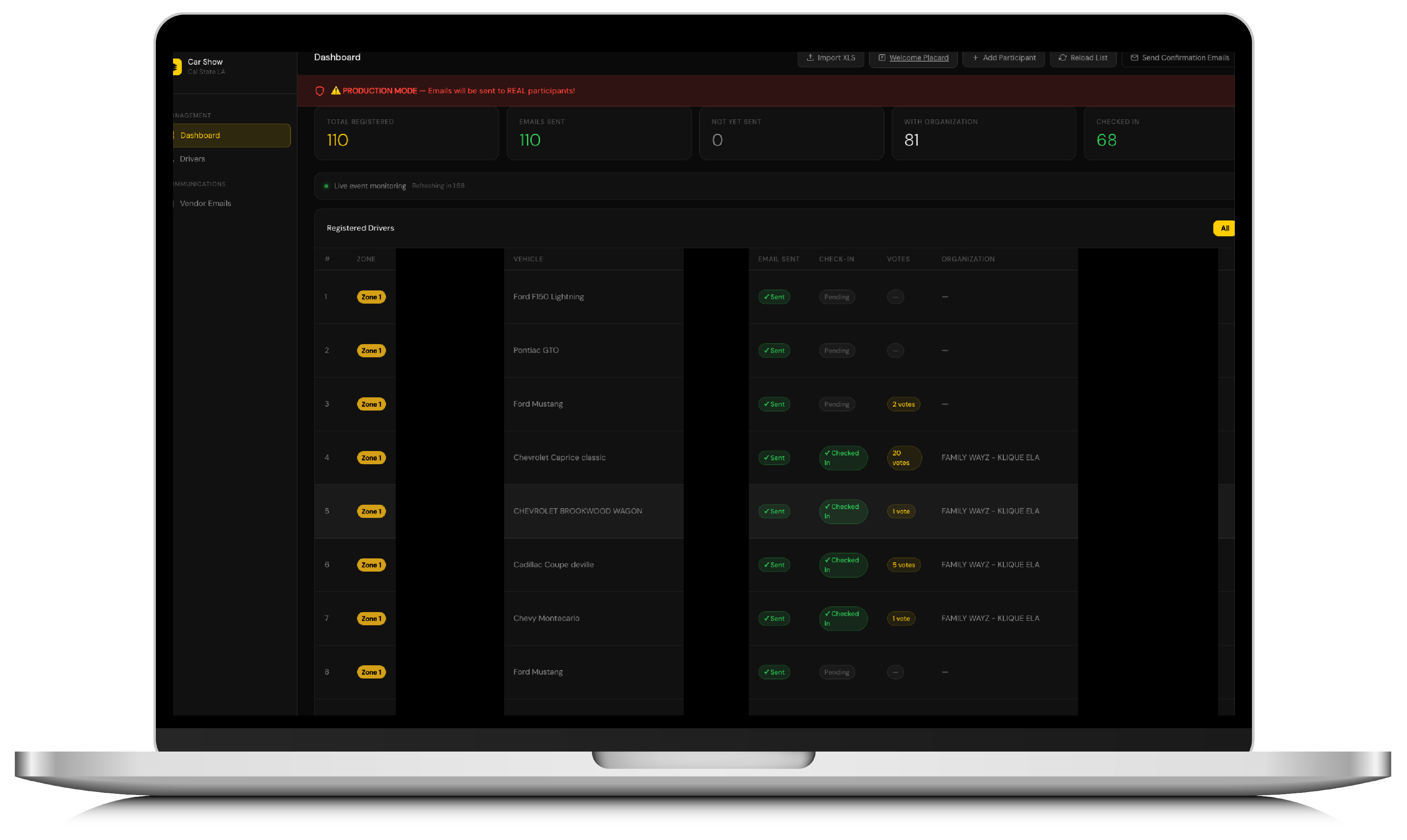 Event management dashboard on laptop