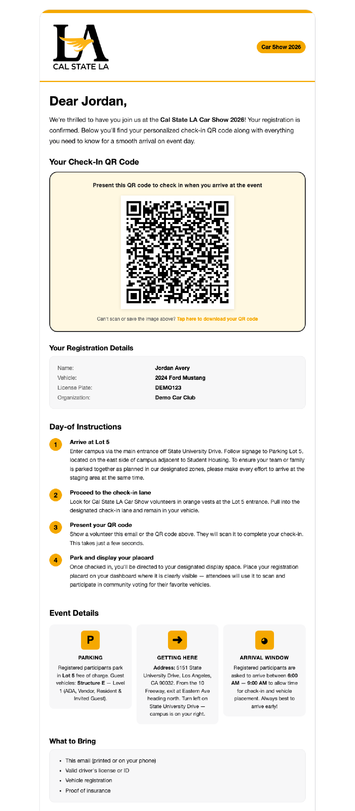 Personalized email with QR check-in code